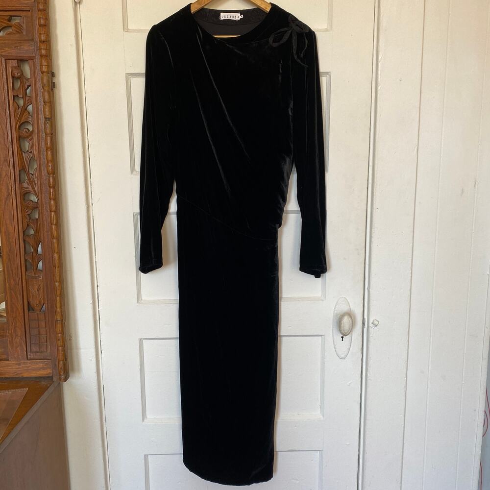 Lacausa Black Velvet Wrap Dress Pockets Long Sleeve Partially Lined Adjustable - Picture 3 of 11
